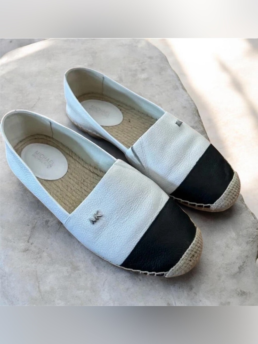Michael Michael Kors Leather Two-Tone Espadrille Flats - White/Black Sz 7 Women